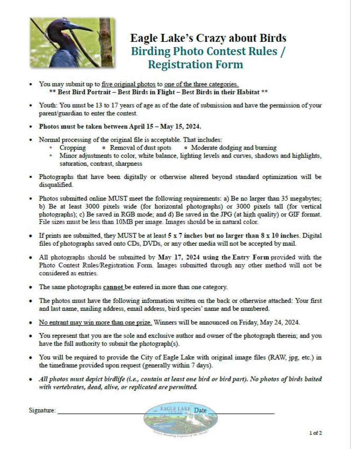 Bird Contest Rules/Registration Form